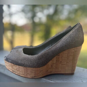 STUART WEITZMAN Metallic Sparkle Silver Gold Cork Wedge Platform Peep Toe Leathe